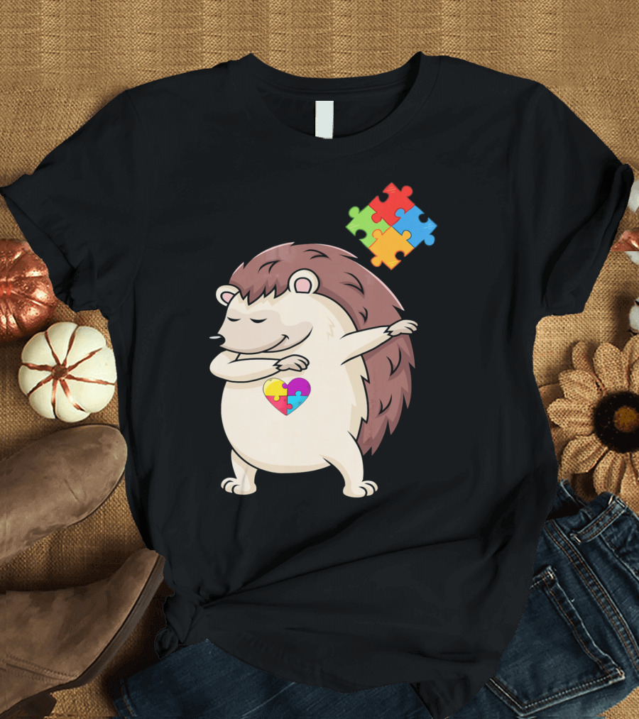 Hedgehog Dabbing with Puzzle Pieces Heart Autism Awareness T-Shirt