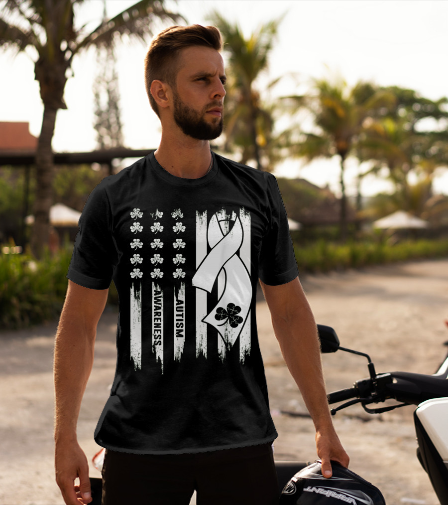 Autism Awareness Ribbon Patrick's Day American Flag Clover T-Shirt