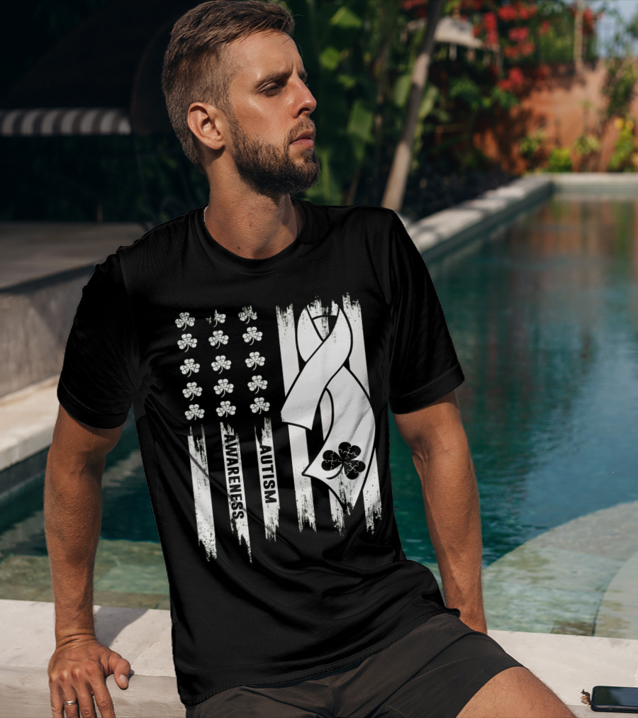 Autism Awareness Ribbon Patrick's Day American Flag Clover T-Shirt