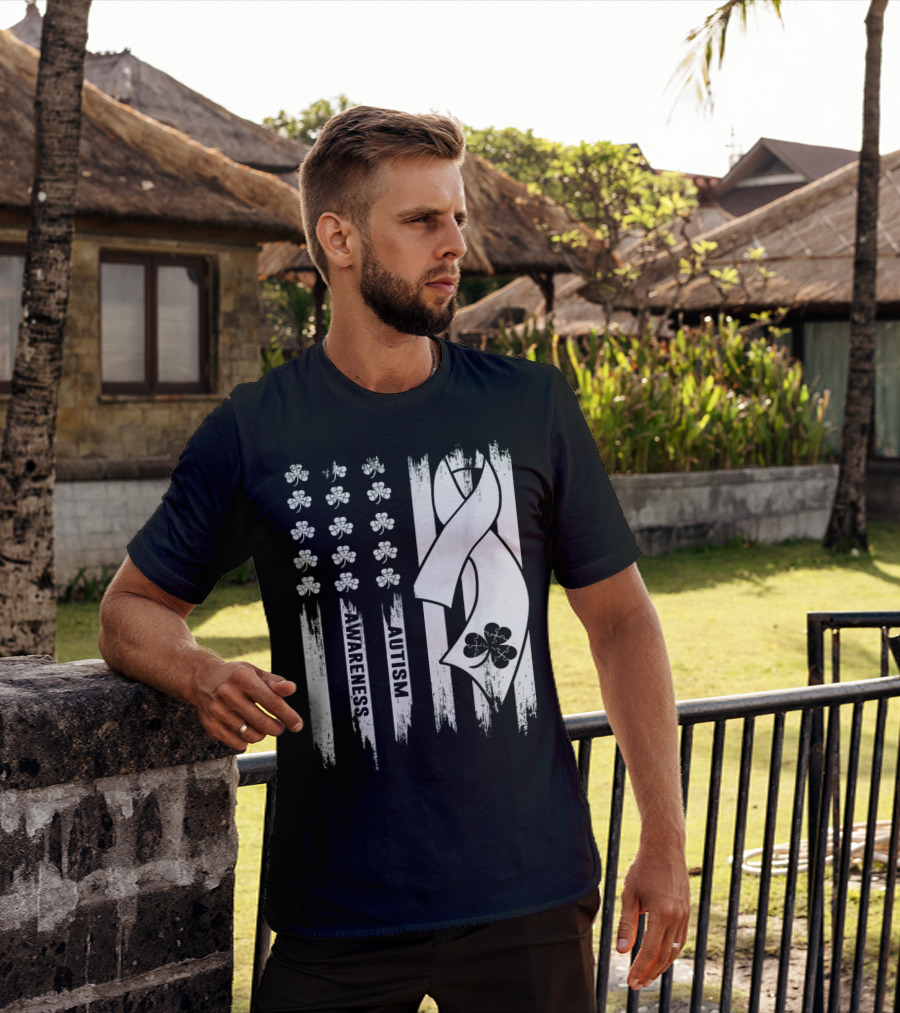 Autism Awareness Ribbon Patrick's Day American Flag Clover T-Shirt