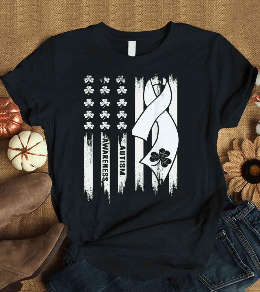 Autism Awareness Ribbon Patrick's Day American Flag Clover T-Shirt
