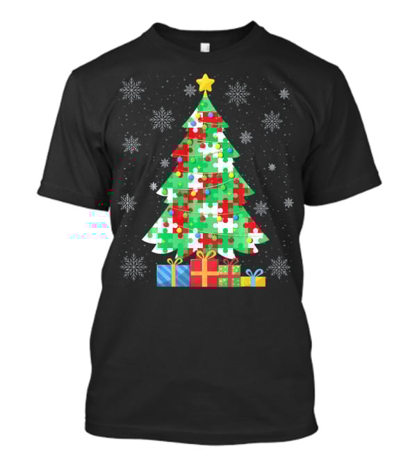 Autism Tree Christmas Puzzle Pattern With Gifts And Snowflakes T-Shirt