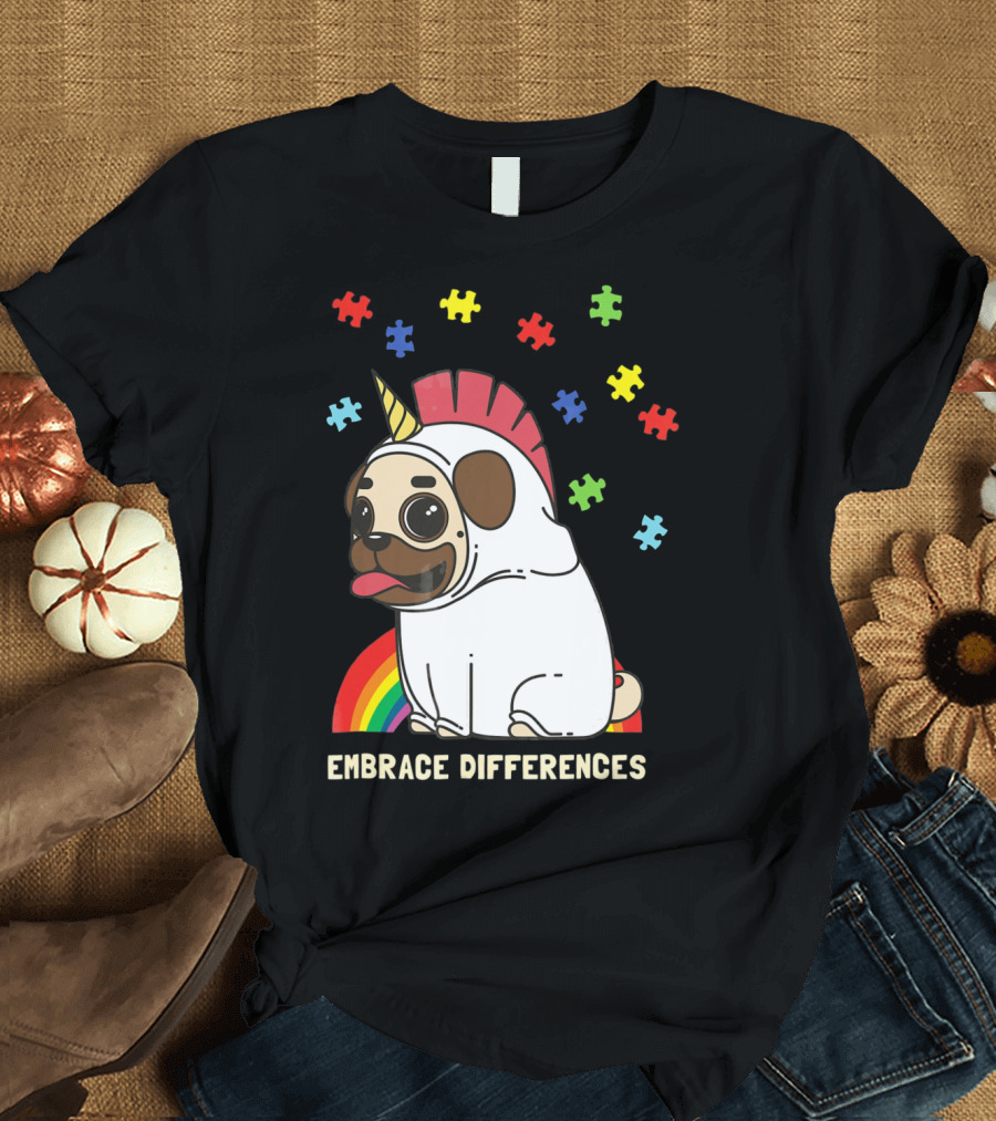 Embrace Differences Autism Awareness Unicorn Pug T-Shirt