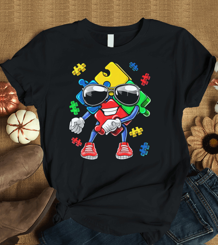 Autism Awareness Flossing Puzzle Piece with Sunglasses and Sneakers T-Shirt