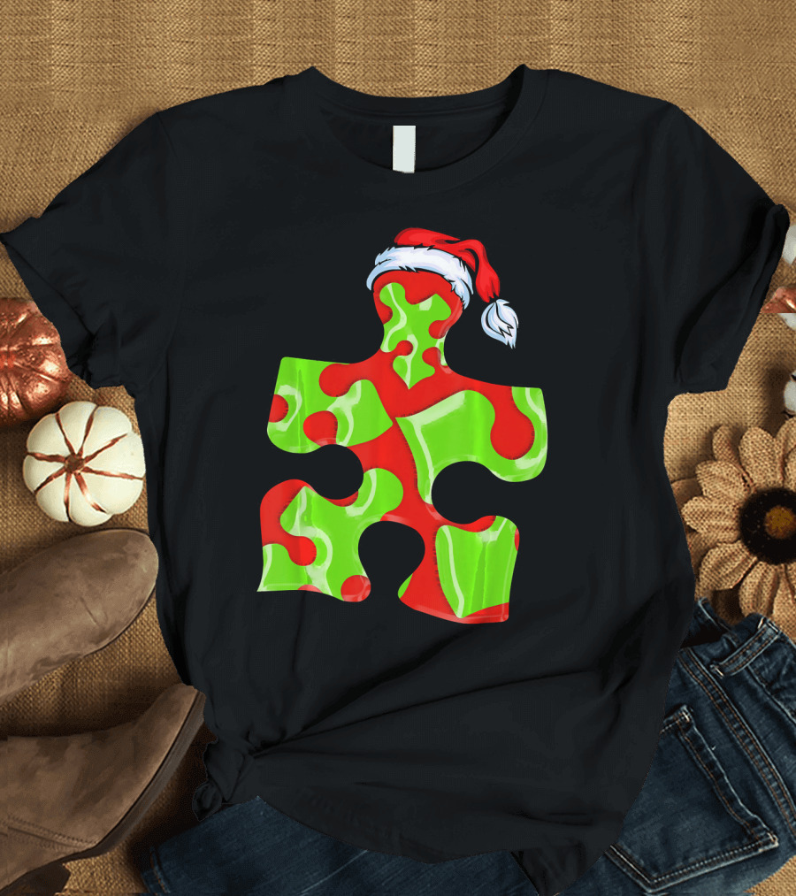 Puzzle Piece Santa Hat Red Green Autism Awareness T-Shirt
