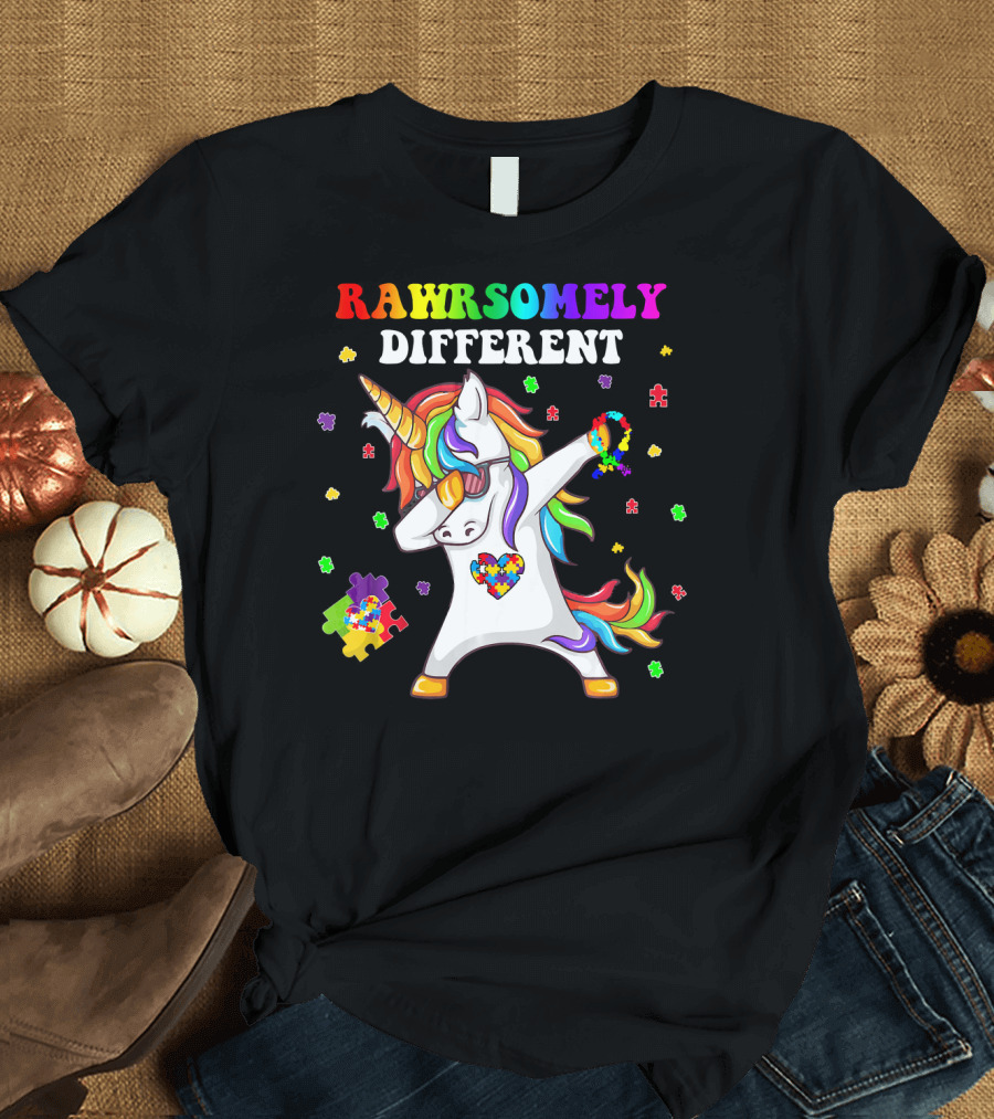 Rawrsomely Different Unicorn Autism Awareness Puzzle Pieces Dabbing T-Shirt