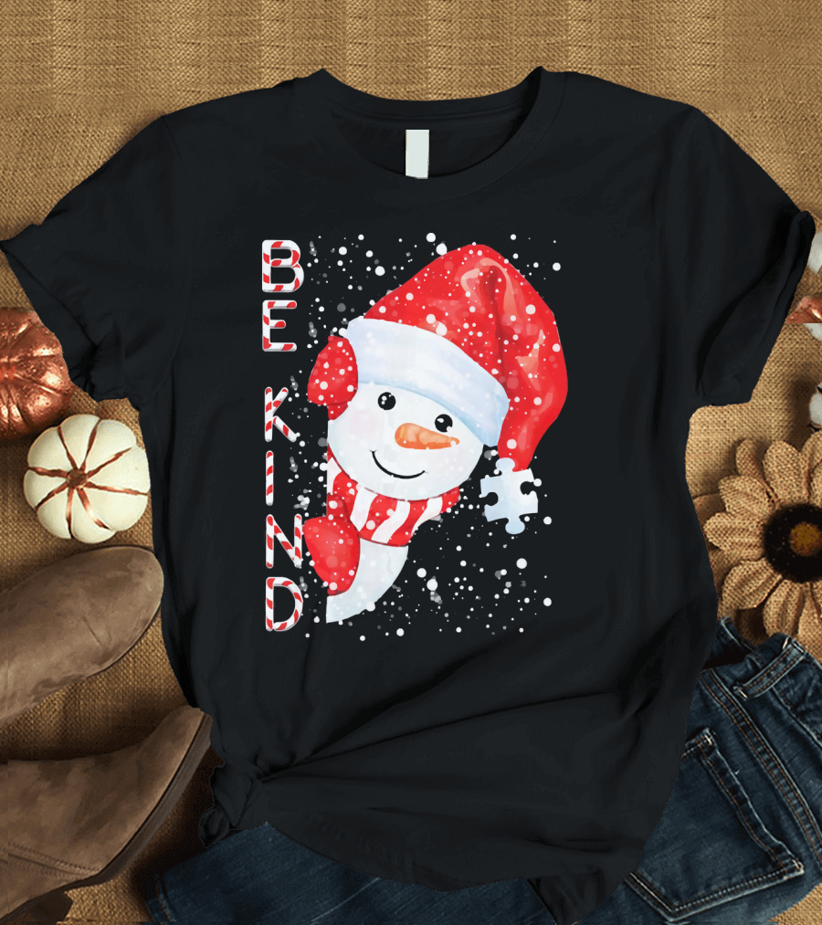 Be Kind Snowman Santa Hat Autism Puzzle Piece Holiday T-Shirt