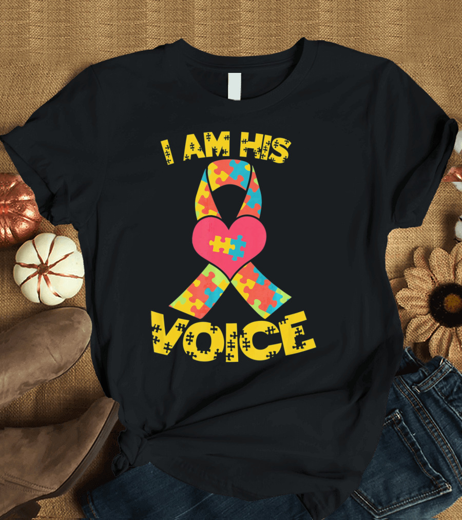 I Am His Voice Autism Awareness Puzzle Ribbon Heart T-Shirt