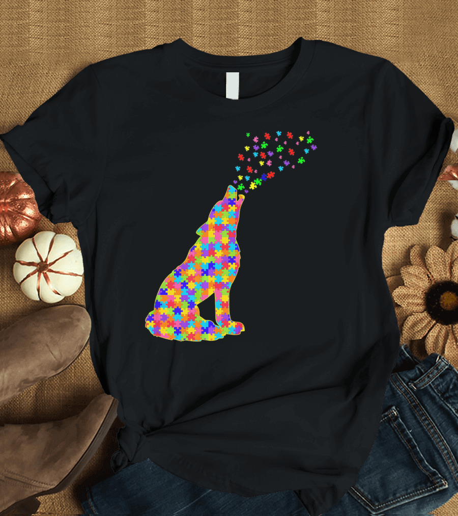 Wolf Puzzle Autism Awareness Puzzle Pieces T-Shirt