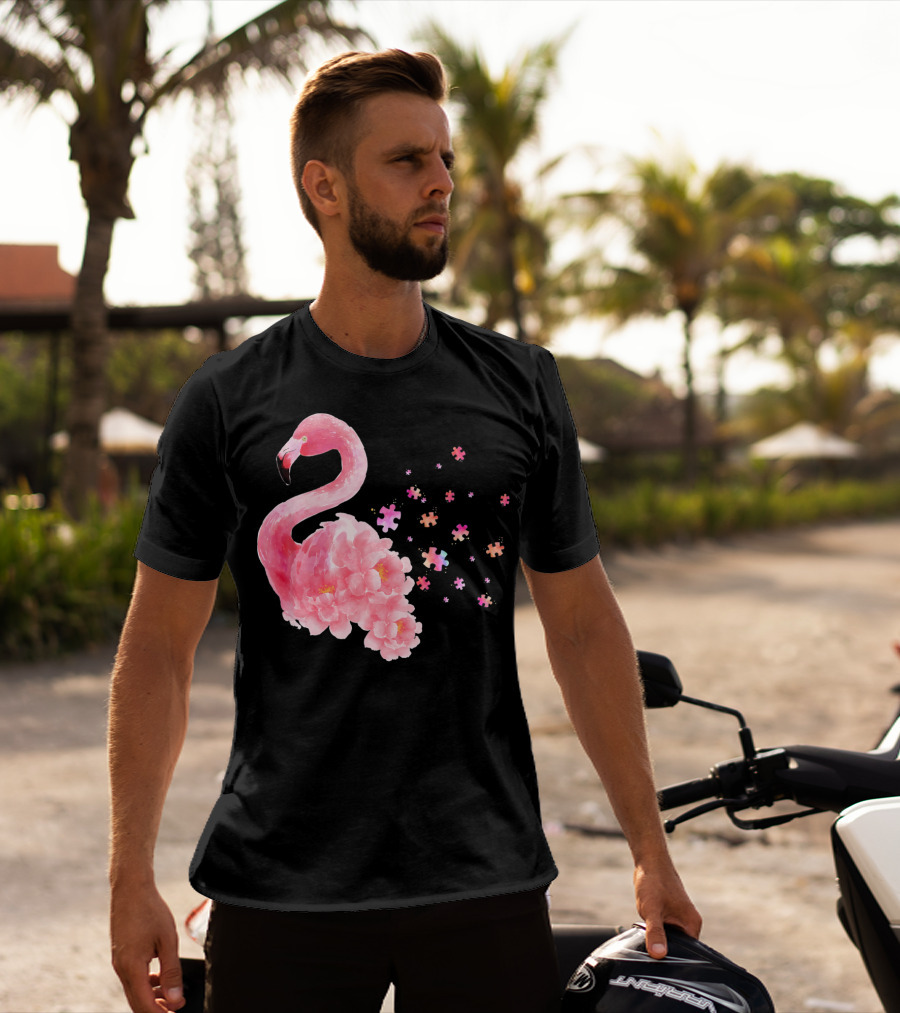 Flamingo Puzzle Autism Awareness Floral Elements T-Shirt