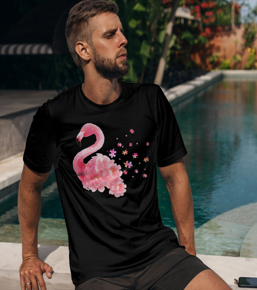 Flamingo Puzzle Autism Awareness Floral Elements T-Shirt