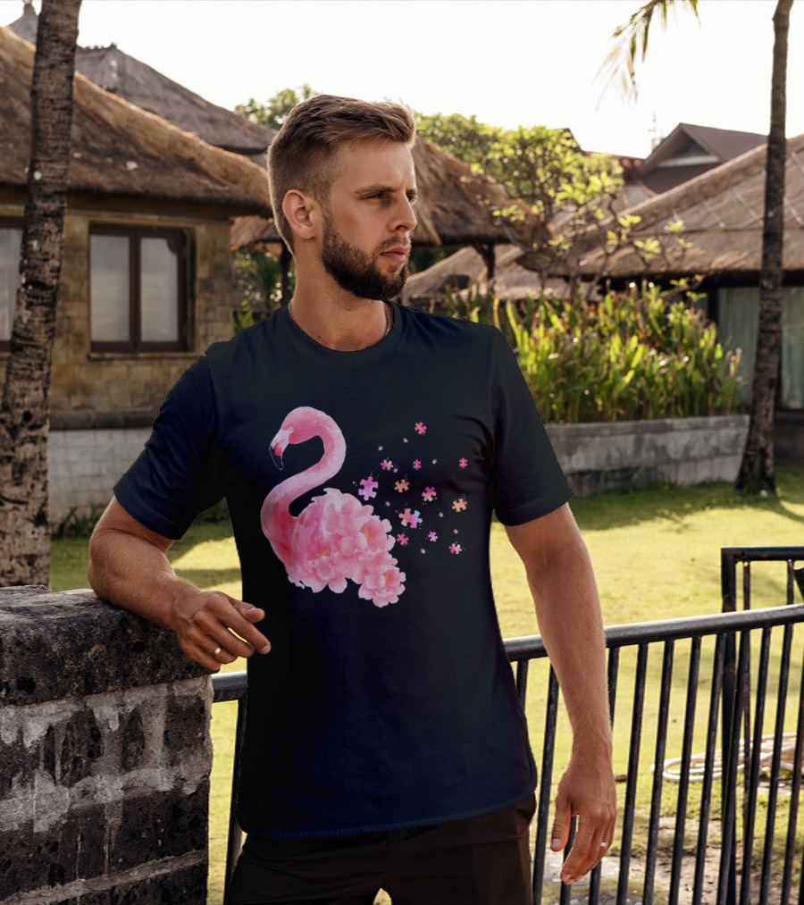 Flamingo Puzzle Autism Awareness Floral Elements T-Shirt