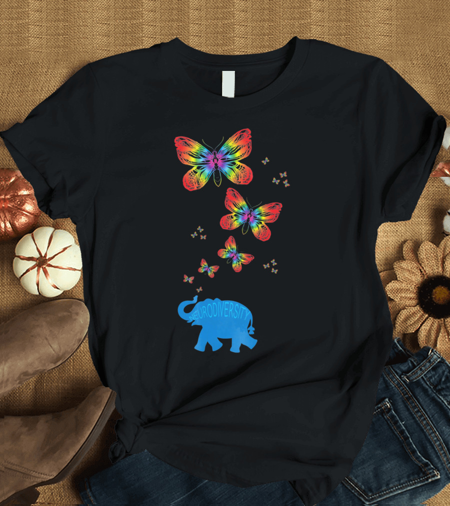 Neurodiversity Autism Elephant with Rainbow Butterflies T-Shirt