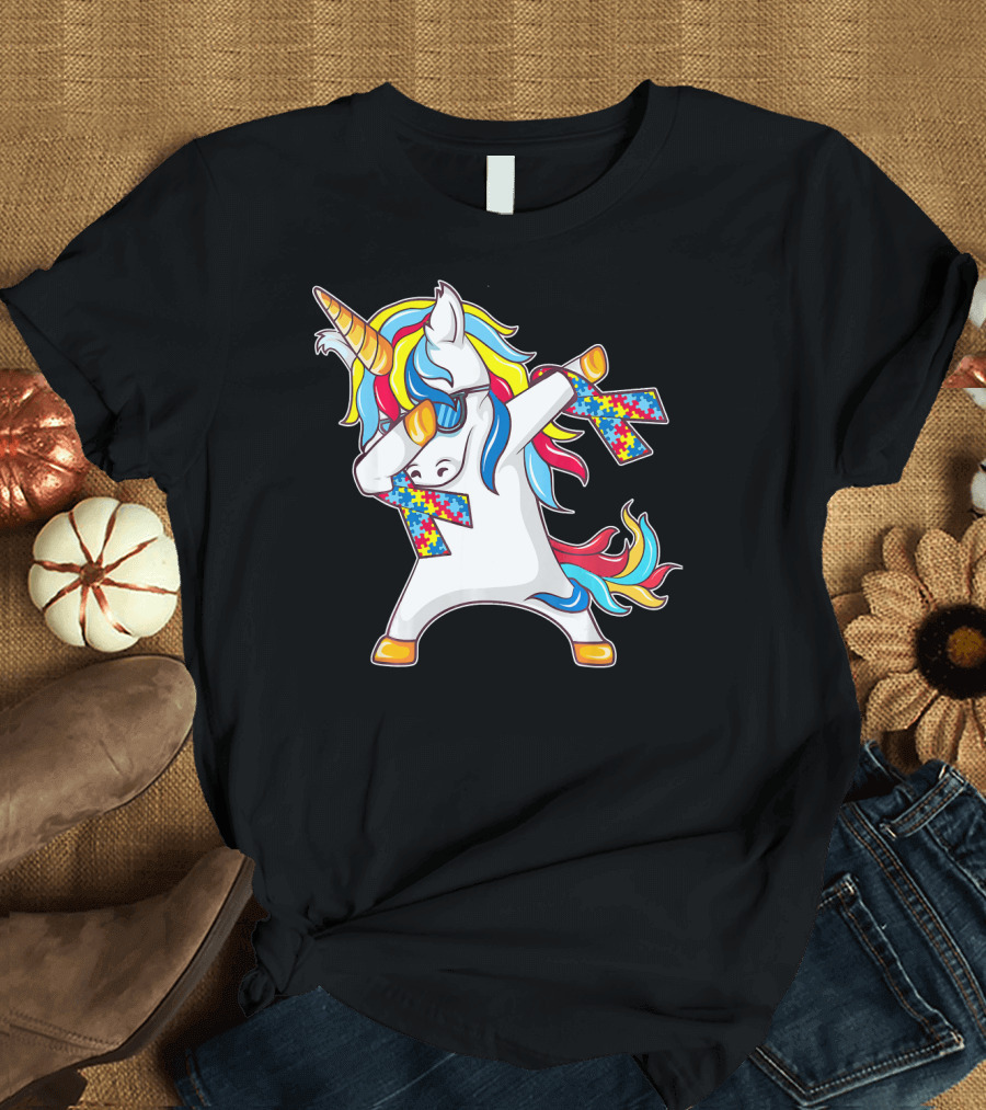 Autism Awareness Unicorn with Colorful Puzzle Dabbing Pose T-Shirt