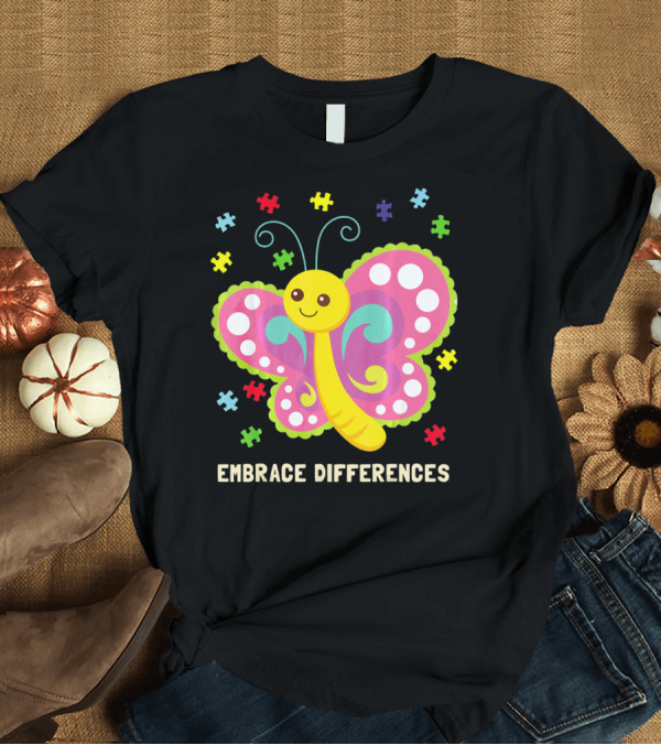 T-Shirt: Embrace Differences Autism Awareness Boy Girl Butterfly Puzzle Pieces T-Shirt Embrace Differences Autism Awareness Boy Girl Butterfly Puzzle Pieces T-Shirt