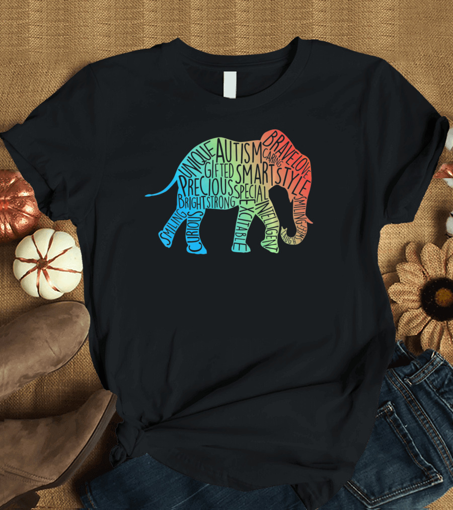 Autism Awareness Elephant Collage Brave Unique Precious Bright Smart Strong T-Shirt