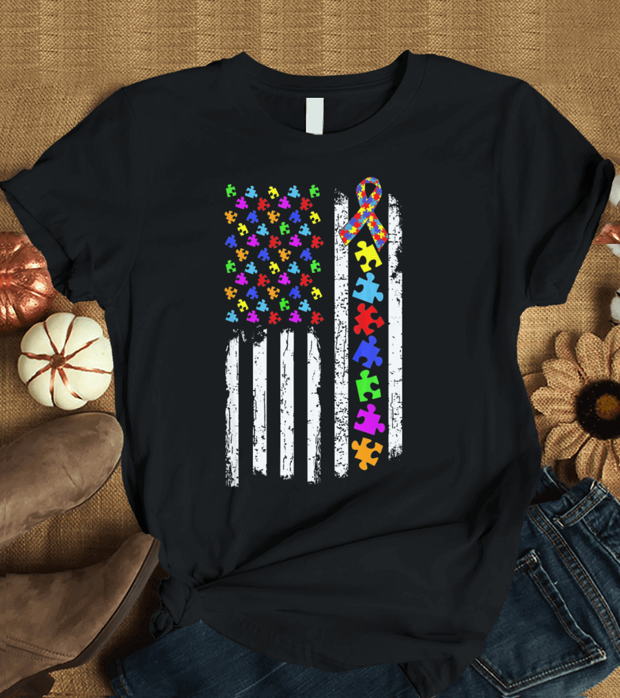 Autism Awareness Puzzle Pieces American Flag T-Shirt