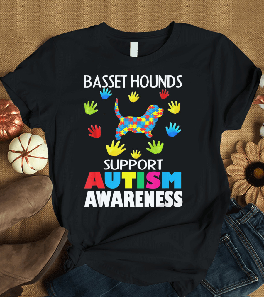 Basset Hounds Support Autism Awareness Puzzle Pattern Hands T-Shirt