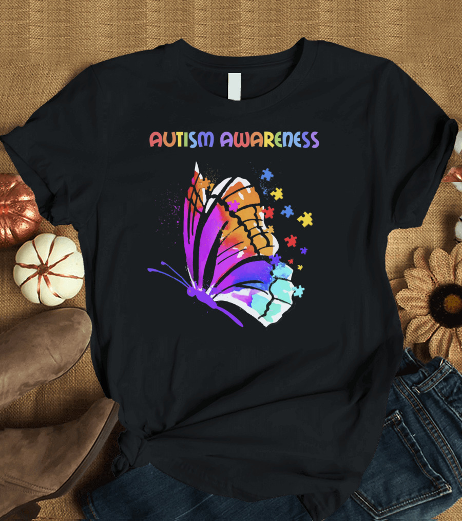Autism Awareness Colorful Butterfly with Puzzle Pieces T-Shirt