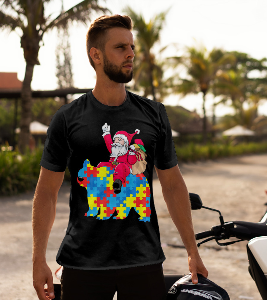 Santa Claus Riding Puzzle Piece Bear Autism Awareness T-Shirt