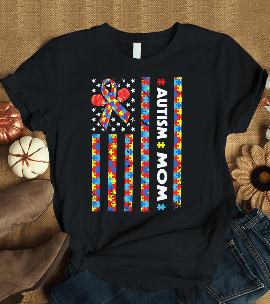 Autism Awareness American Flag Mom Puzzle T-Shirt