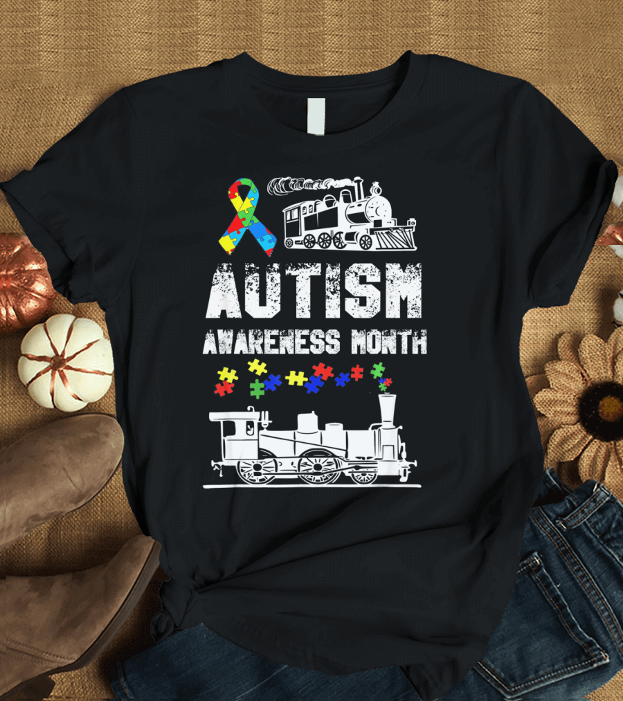 Autism Awareness Month Puzzle Ribbon Steam Train T-Shirt