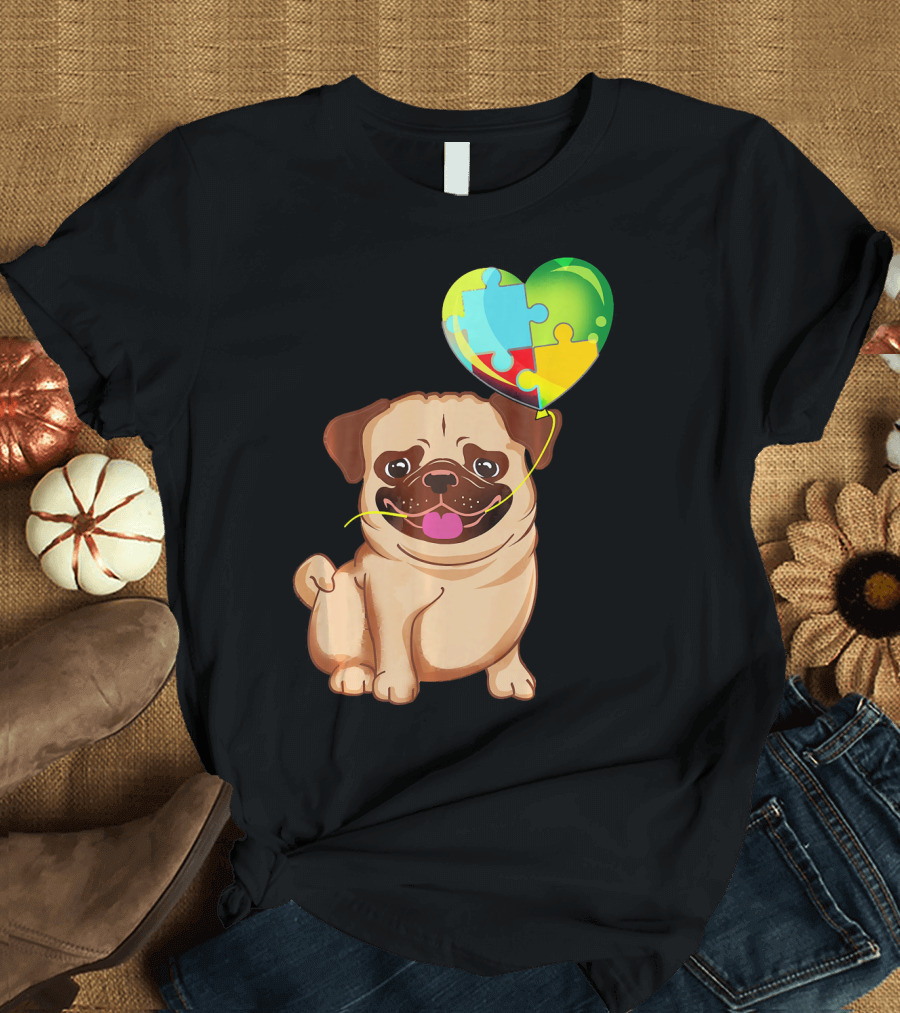 Autism Awareness Pug Puppy Heart Puzzle Balloon T-Shirt