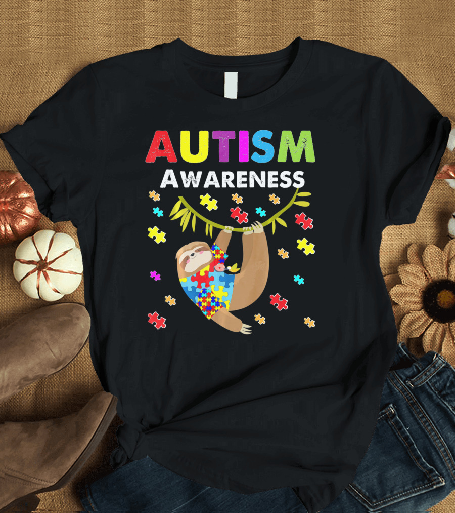 Autism Awareness Sloth Lover with Puzzle Pieces T-Shirt