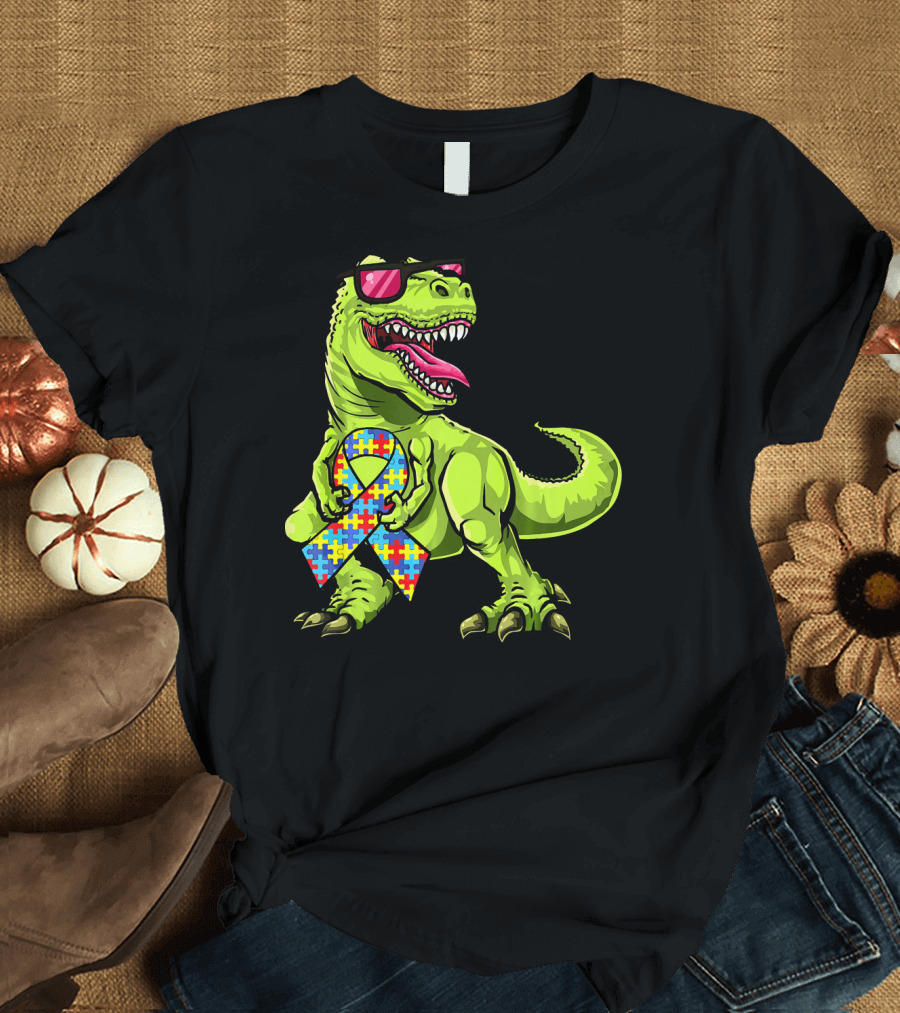 Dinosaur Rex with Autism Awareness Puzzle Ribbon and Sunglasses T-Shirt