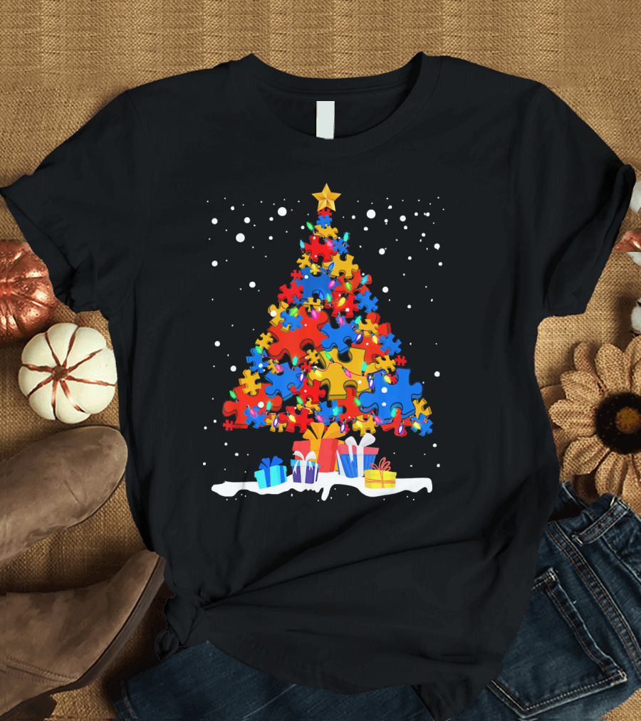 Autism Puzzle Pieces Christmas Tree with Presents Snowflakes T-Shirt