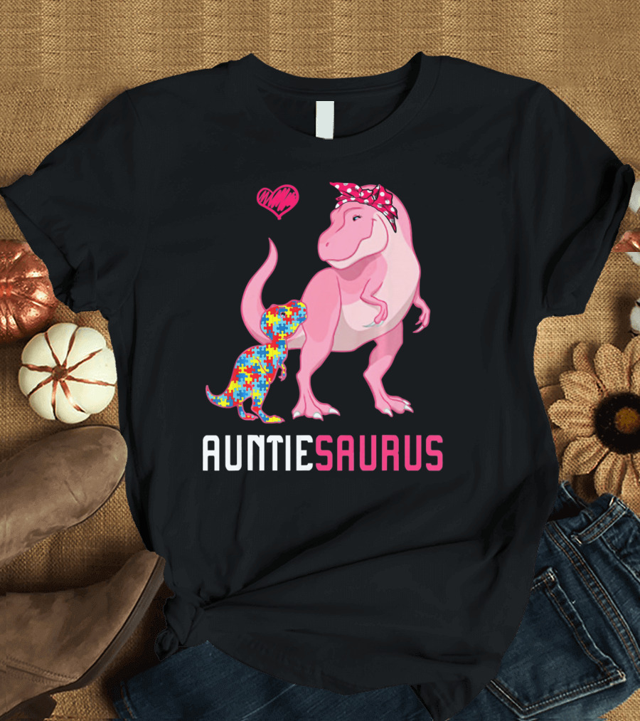 Auntiesaurus Dinosaur Puzzle Piece Heart Autism Awareness T-Shirt