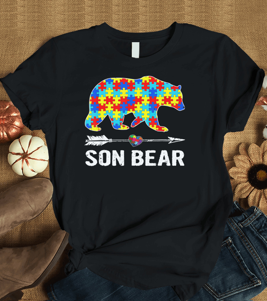 Son Bear Autism Awareness Puzzle Heart Arrow T-Shirt