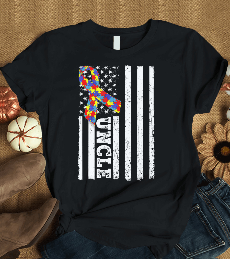UNCLE Puzzle Ribbon American Flag Autism Awareness T-Shirt