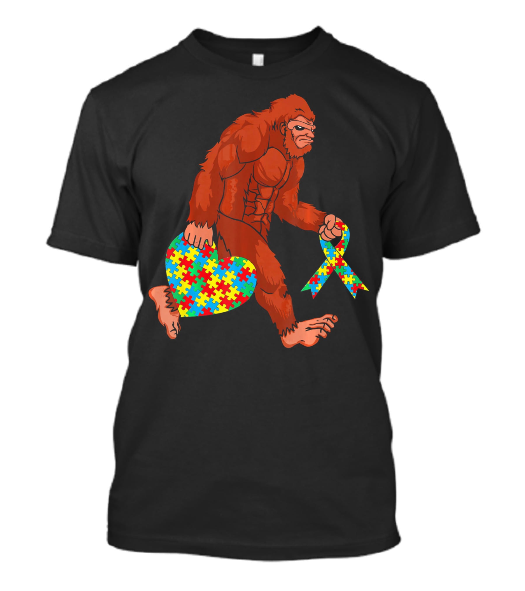 Funny Bigfoot Holding Autism Awareness Puzzle Heart T-Shirt