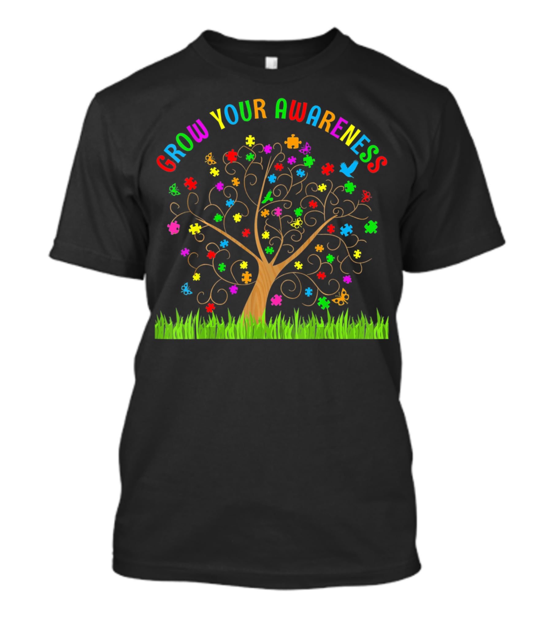 Grow Your Awareness Autism Puzzle Tree Rainbow Colors T-Shirt
