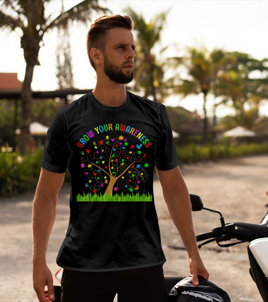 Grow Your Awareness Autism Puzzle Tree Rainbow Colors T-Shirt
