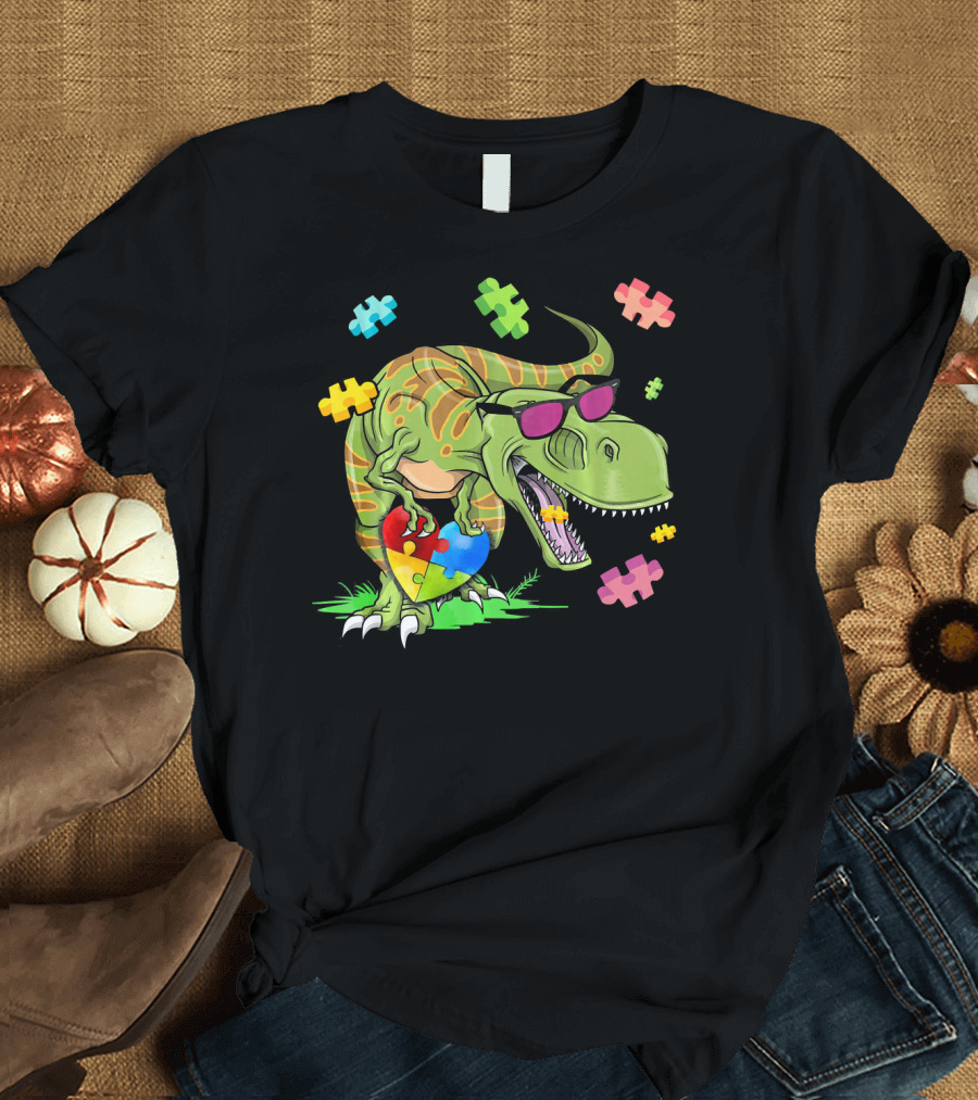 T Rex Dinosaur Autism Awareness Puzzle Heart Sunglasses T-Shirt