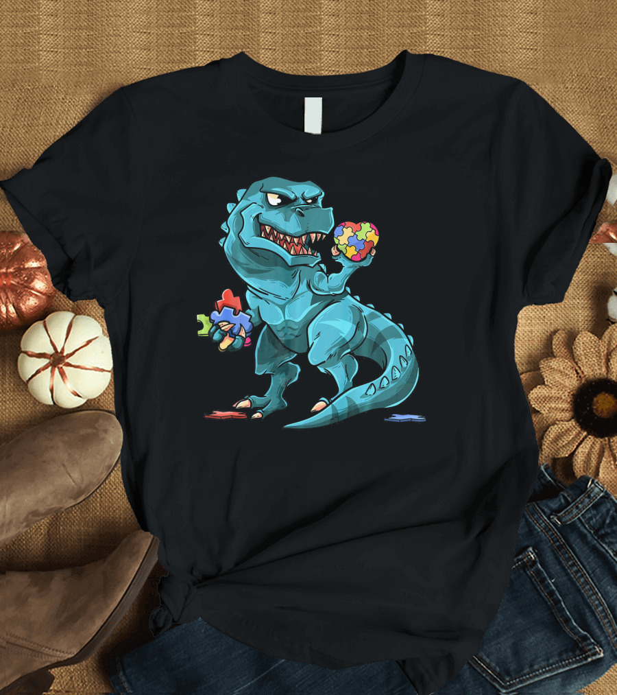 Autism Awareness Dinosaur Puzzle Rex Heart T-Shirt