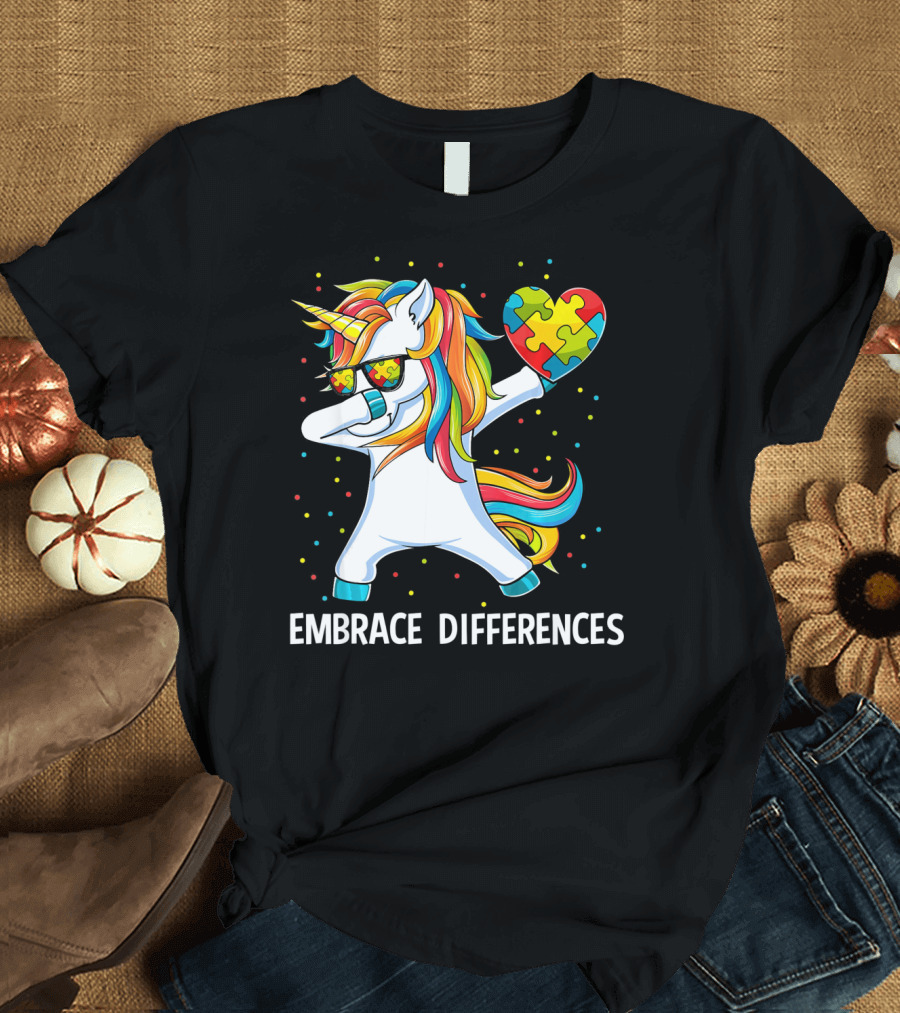 Embrace Differences Autism Awareness Unicorn Dab Puzzle Heart T-Shirt