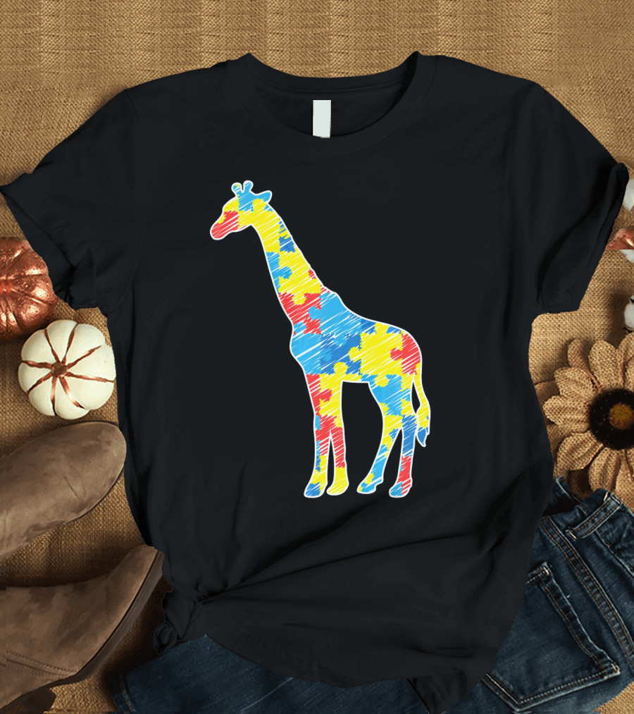 Cute Giraffe Puzzle Pattern Autism Awareness T-Shirt