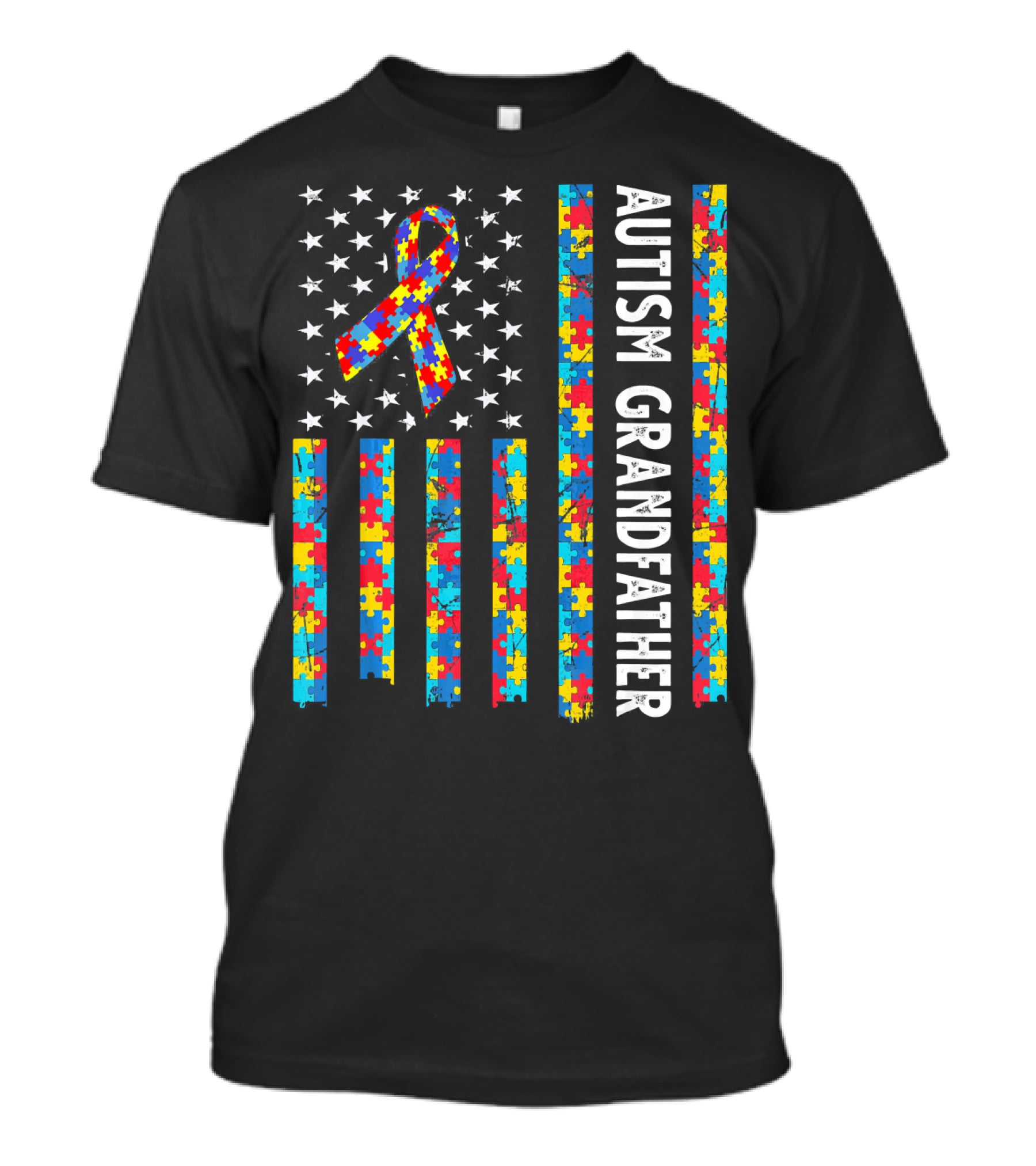Autism Grandfather Puzzle Ribbon American Flag Stars T-Shirt