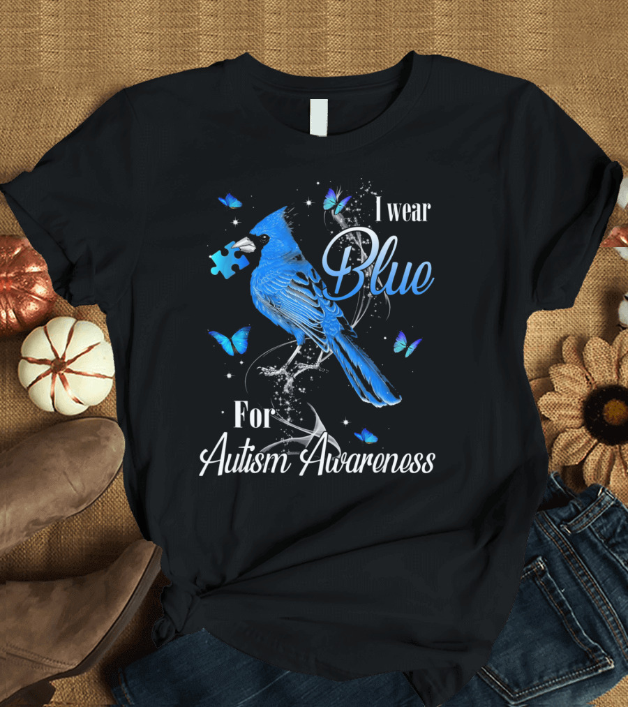 I Wear Blue For Autism Awareness Cardinal Bird Puzzle Piece Butterfly T-Shirt