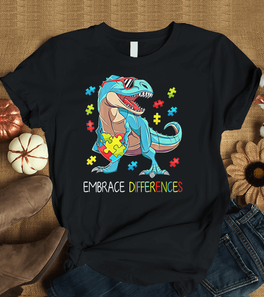 Embrace Differences Autism Awareness Dinosaur Rex Puzzle T-Shirt