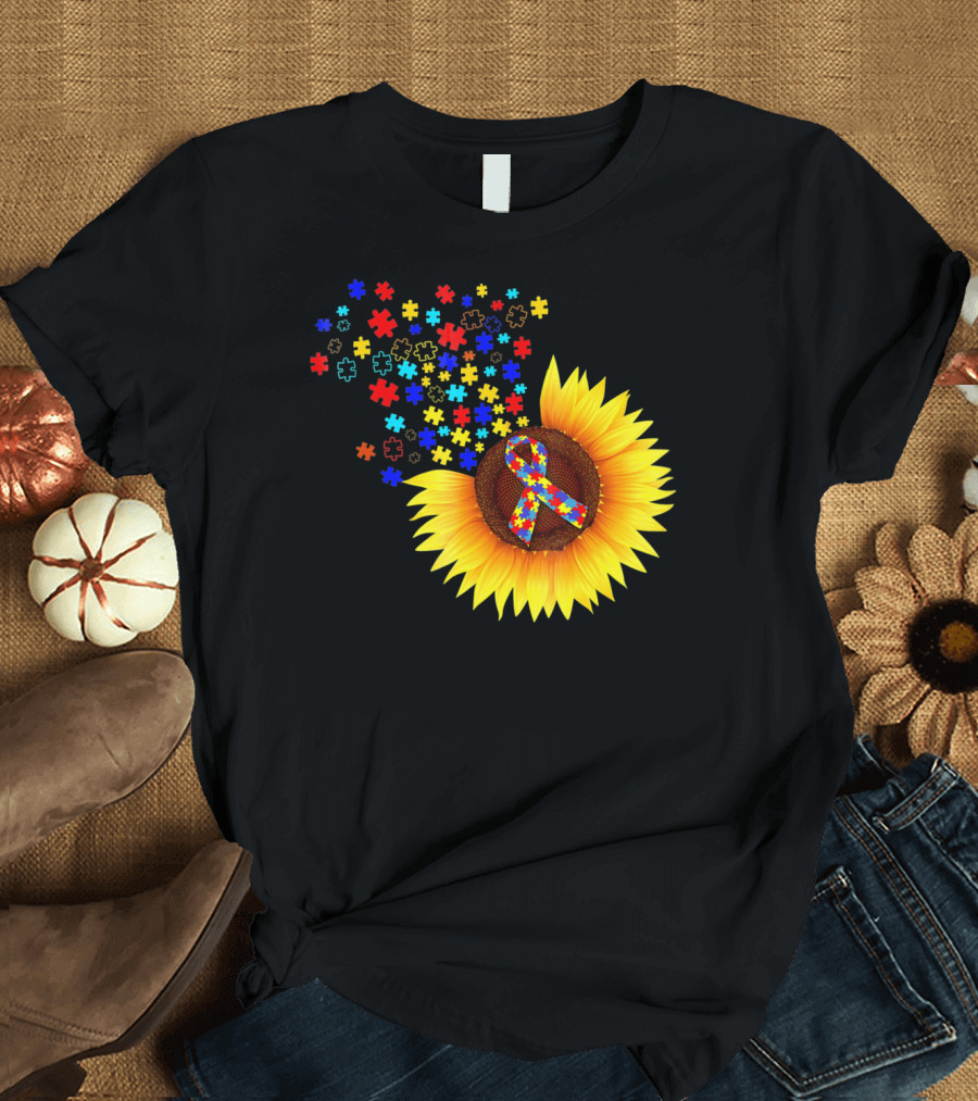 Sunflower Autism Awareness Ribbon with Colorful Puzzle Pieces T-Shirt