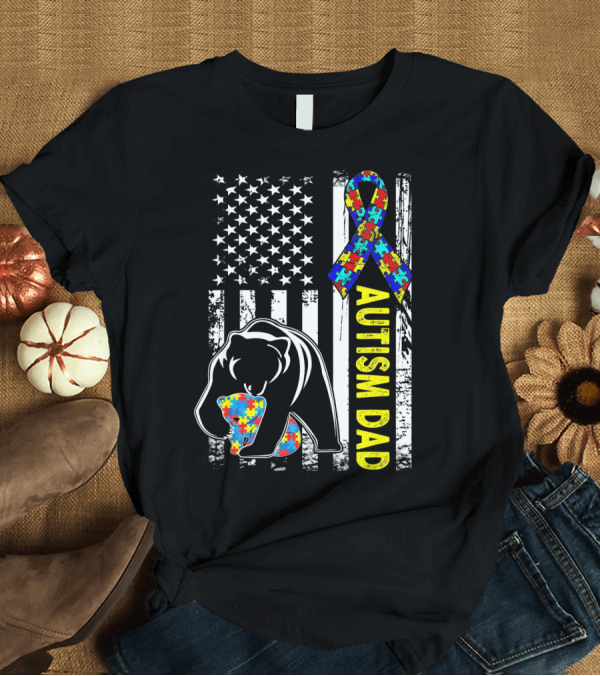 T-Shirt: Autism Dad Awareness Bear American Flag Puzzle T-Shirt Autism Dad Awareness Bear American Flag Puzzle T-Shirt