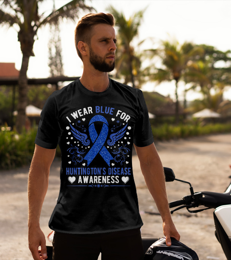 I Wear Blue For Huntington's Disease Awareness Ribbon Wings Hearts T-Shirt