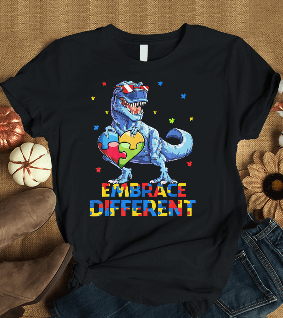 T Rex Embrace Different Autism Awareness Puzzle Heart T-Shirt
