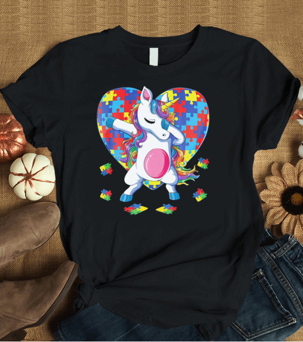 T-Shirt: Dabbing Unicorn with Autism Awareness Puzzle Heart T-Shirt Dabbing Unicorn with Autism Awareness Puzzle Heart T-Shirt