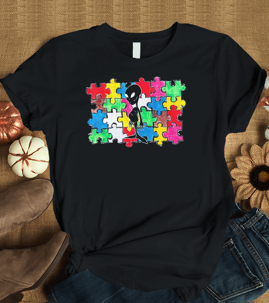 Alien UFO Autism Awareness Puzzle Piece T-Shirt