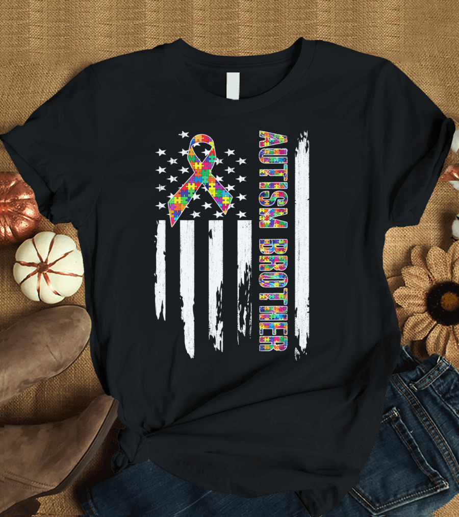 Autism Brother American Flag Puzzle Ribbon Stars Stripes T-Shirt